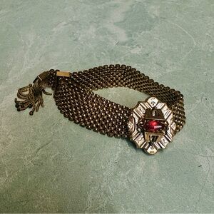 Victorian Gold Filled Slide Bracelet With Red Stone Fringe Detail